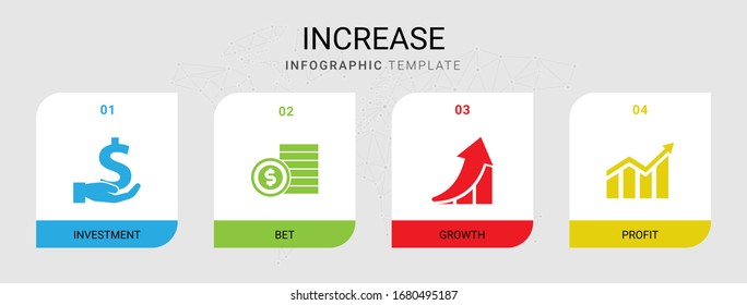 4 increase filled icons set isolated on infographic template. Icons set with investment, bet, growth, Profit icons.