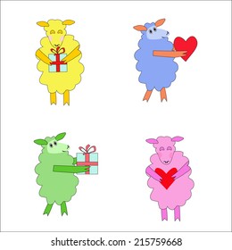 4 individual sheep with gift and heart