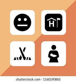 4 indoors icons in vector set. hotel, sceptic, hockey and mother with baby in arms illustration for web and graphic design