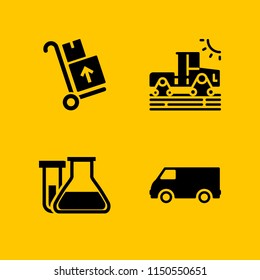 4 industry icons in vector set. flask, delivery packages on a trolley, van and tractor illustration for web and graphic design