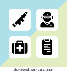 4 info icons in vector set. poeple, files and folders, medical and bazooka illustration for web and graphic design