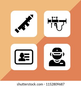 4 info icons in vector set. business card of a man with contact info, poeple and bazooka illustration for web and graphic design
