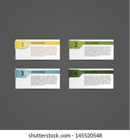 4 info-graphic cars in different colors. Four labels, choices or steps. Simple cards with space for your content. Fresh banners for website or presentation.