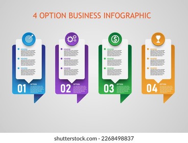 4 Infografik-Optionen für mehrfarbige vertikale Quadrate und Symbol mit grauem Farbverlauf-Hintergrund-Design für Geschäftsplanung, Finanzen, Investitionen, Erfolg