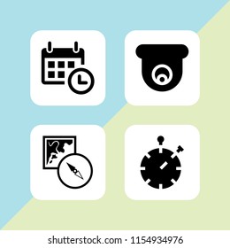 4 instrument icons in vector set. calendar with a clock time tools, time, map and compass orientation tools and camera illustration for web and graphic design