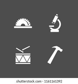 4 instrument icons in vector set. hammer, saw, military drum musical instrument and microscope illustration for web and graphic design