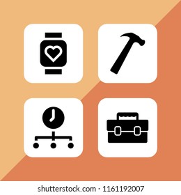4 instrument icons in vector set. pulsometer, time, tool box and hammer illustration for web and graphic design