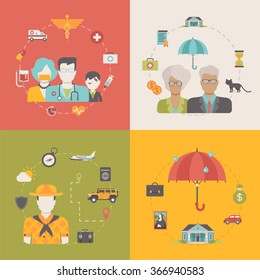 4 insurance business modern flat set of concept vector illustration icons. Family, children, travel, tourism, health medical oldies senility care, realty real estate safety.