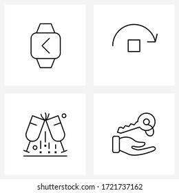 4 Interface Line Icon Set of modern symbols on arrow back; glass; timer; right; water Vector Illustration