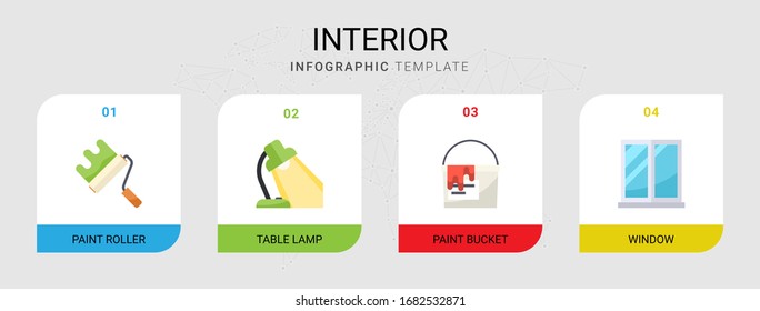 4 interior flat icons set isolated on infographic template. Icons set with paint roller, Table lamp, paint bucket, window icons.