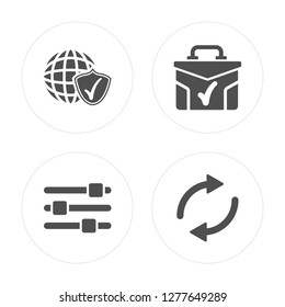4 Internet Security, Settings Bars, Suitcase with Check, Reload Arrow modern icons on round shapes, vector illustration, eps10, trendy icon set.