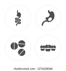 4 Intestines, Tablets, Stomach, Braces modern icons on round shapes, vector illustration, eps10, trendy icon set.