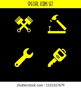 4 iron icons in vector set. hammer, key, wrench and motor illustration for web and graphic design