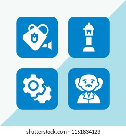 4 iron icons in vector set. watering can, bolt, street lamp and physics illustration for web and graphic design