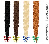 4 isolated braids of black, red, blond and brown hair. Womens long braid. Vector illustration