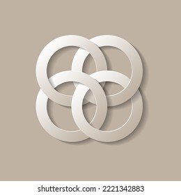 4 Ivory rings connected together. Four linked circles. Paper cut out style. Vector illustration.