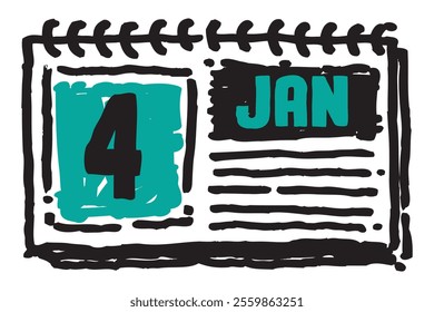 4 January date long table calendar - A simple yet elegant line art illustration of a table date calendar captures the essence of organization and timekeeping and note lines sketch art 