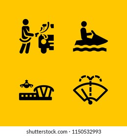 4 jet icons in vector set. washer, watercraft silhouette, airplane and car wash illustration for web and graphic design