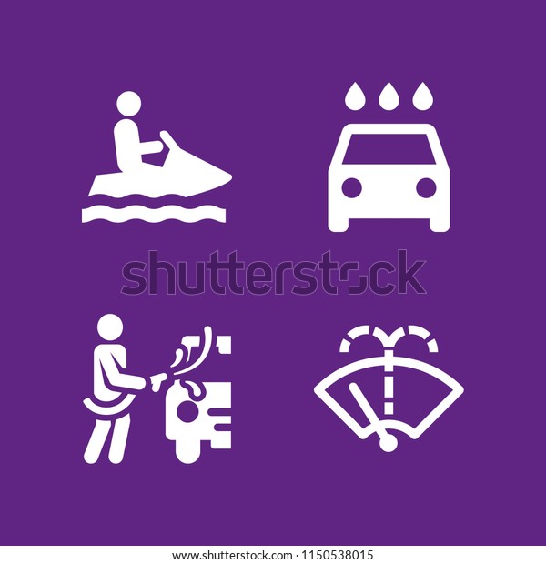 4 jet icons in\
vector set. washer, watercraft silhouette and car wash illustration\
for web and graphic design