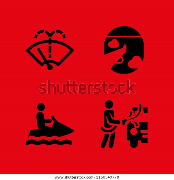 4 jet\
icons in vector set. car wash, flight, watercraft silhouette and\
washer illustration for web and graphic\
design