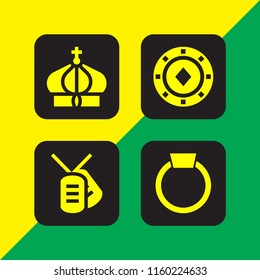 4 jewelry icons in vector set. ring with precious stone, crown, necklace and diamond token illustration for web and graphic design