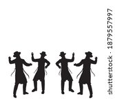 4 Jewish followers dancing.
Flat vector silhouettes. Black on a white background.
The figures are dressed in long coats and sashes fluttering to the sides as they move