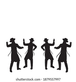 4 Jewish followers dancing.
Flat vector silhouettes. Black on a white background.
The figures are dressed in long coats and sashes fluttering to the sides as they move