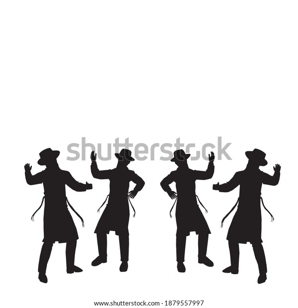 4 Jewish followers\
dancing.\
Flat vector silhouettes. Black on a white\
background.\
The figures are dressed in long coats and sashes\
fluttering to the sides as they\
move
