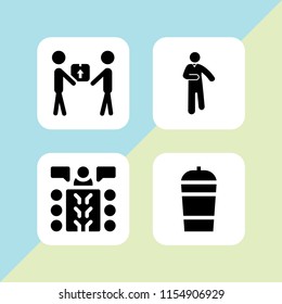 4 job icons in vector set. interview, delivery worker giving a box to a receiver, shakes and worker illustration for web and graphic design