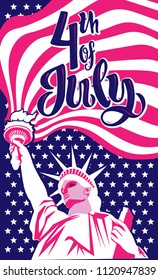 4 July America celebration. Independence national holiday. Hand drawn lettering. Vector illustration for t-shirt, poster, wallpaper and print. USA flag
