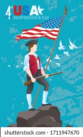 4 July American Independence Day. Revolutionary War Civil Soldier With Rifle And National Flag. Vector Illustration