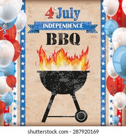 4 july barbecue with fire and balloons on the vintage background. Eps 10 vector file.