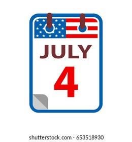 4 July calendar flat icon on white field. Independence day in USA. 