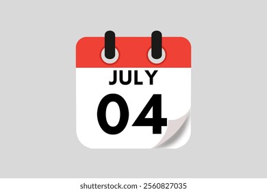 4 July calendar icon text page monthly web design on red, white, black and ash background vector, icon, or illustration with the month of July 4