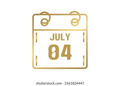 4 July calendar icon text page monthly web design on golden and white background vector, icon, or illustration with the month of July 4