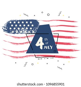 4 of July card. Happy Independence Day  banner with geometric badge and decoration. USA National flag elements with text. Template for holiday design. Vector illustration.