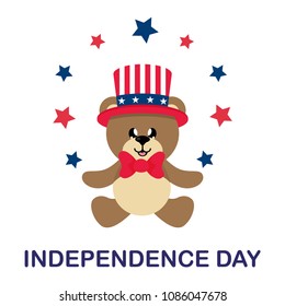 4 july cartoon cute bear in hat sitting with stars and text