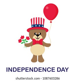 4 july cartoon cute bear in hat with balloon and flower with text