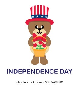 4 july cartoon cute bear in hat with basket and flowers with text