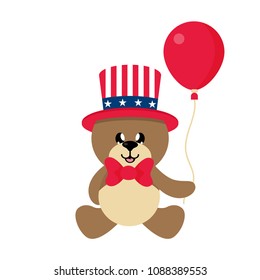 4 july cartoon cute bear in hat sitting with balloon