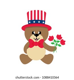 4 july cartoon cute bear in hat sitting with flowers