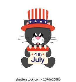 4 july cartoon cute black cat in hat sitting with calendar