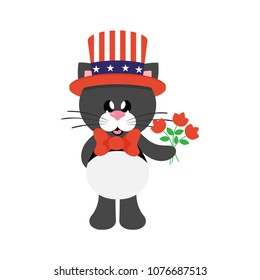 4 july cartoon cute black cat in hat with flowers