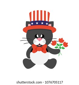 4 july cartoon cute black cat in hat sitting with flowers