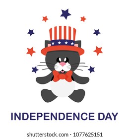 4 july cartoon cute black cat in hat sitting with stars and text