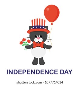 4 july cartoon cute black cat in hat with flowers and balloon with text