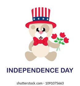 4 july cartoon cute dog in hat sitting with flowers and text