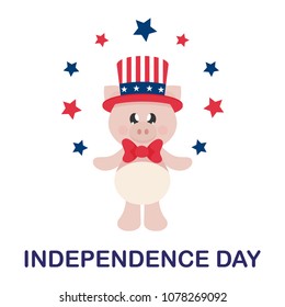 4 july cartoon cute pig in hat with stars and text