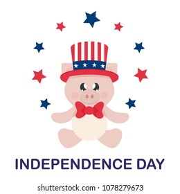 4 july cartoon cute pig in hat sitting with stars adn text