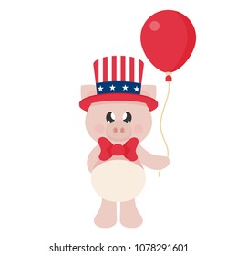 4 july cartoon cute pig in hat with balloons